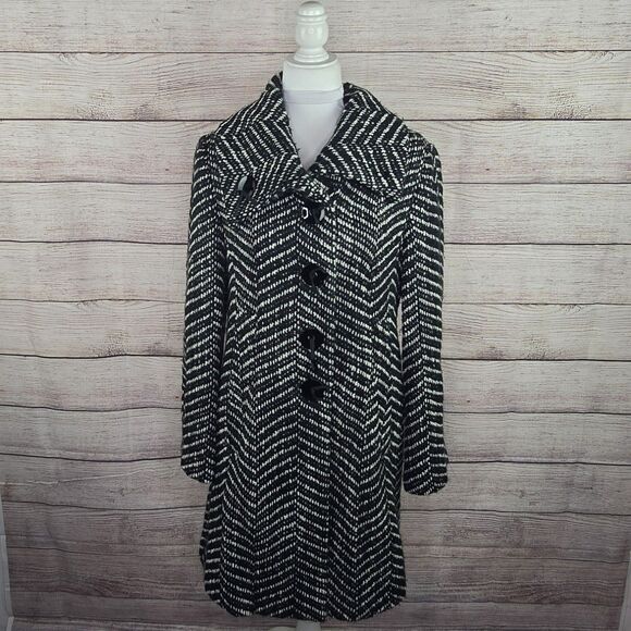 1 Madison Wool Blend Black White Knit Chevron Walker Heavyweight Pea Coat Large - Picture 1 of 7